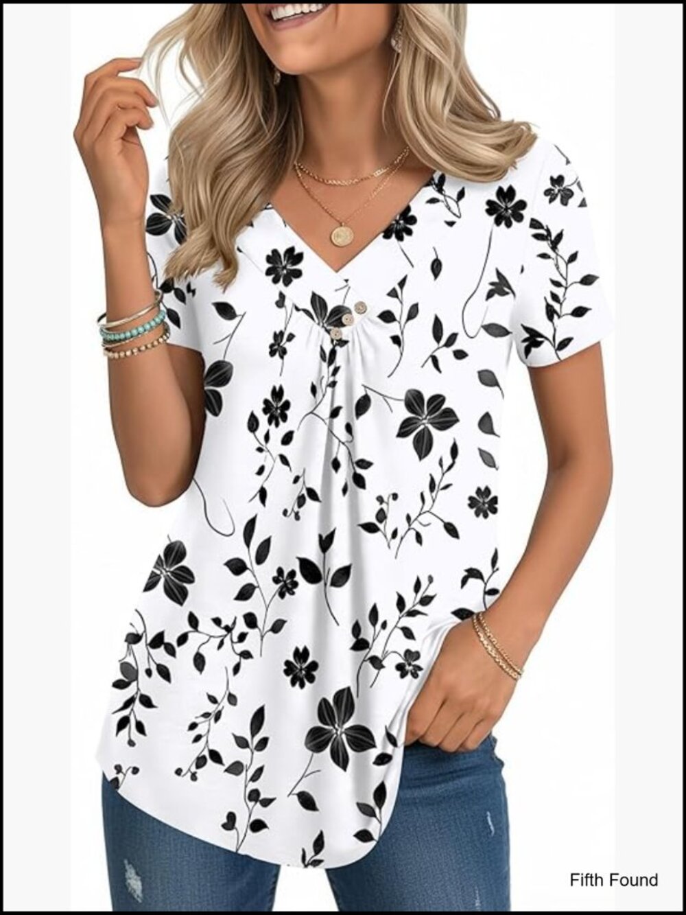 V-Neck Short Sleeve Blouse Loose Fit Tunic Top Lightweight Polyester Spandex